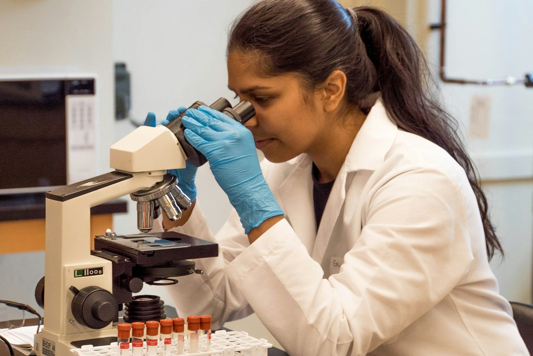 A scientist examining a sample under a microscope